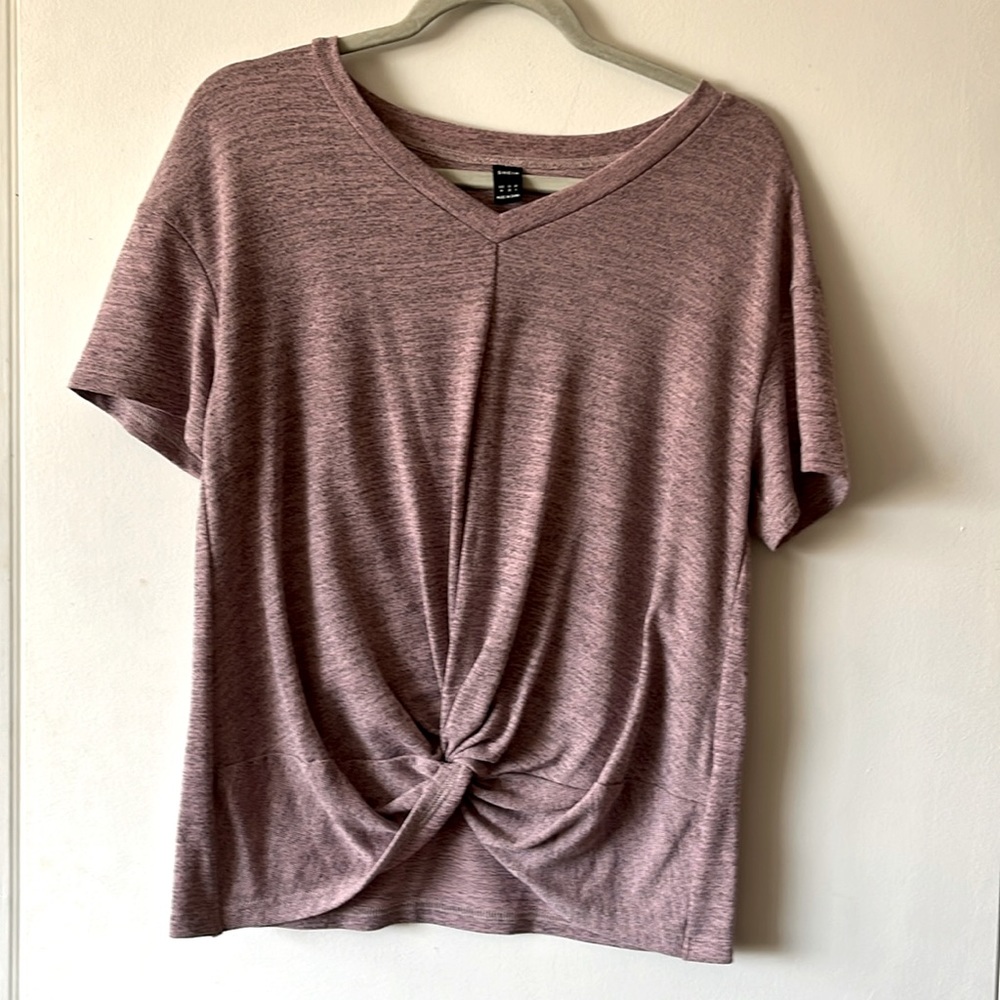 Rose Heathered pink v-neck tee with twist at waist